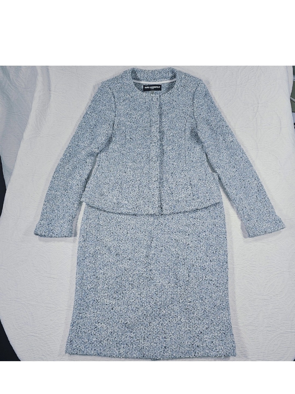 Karl Lagerfeld Paris Skirt Suit Set Lt Blue Tweed Women's Size 10 Classic Spring